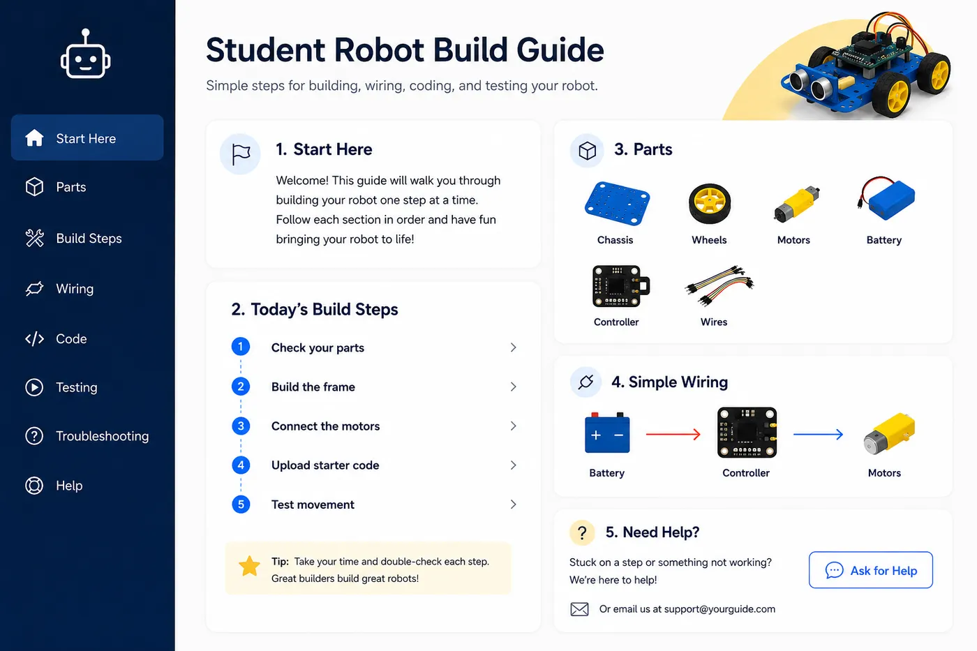 The Student Robot Build Guide opened on a laptop — a sidebar with Start Here, Parts, Build Steps, Wiring, Code, Testing, Troubleshooting, and Help, plus parts and simple wiring diagrams.
