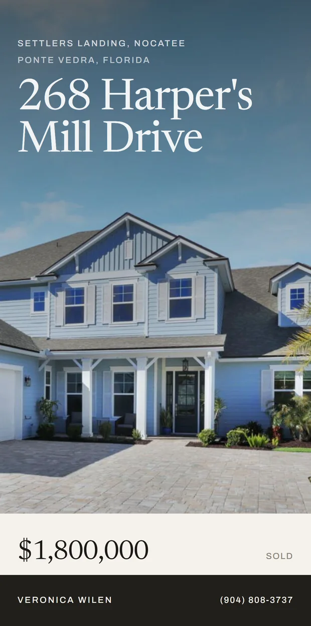 The guide’s opening screen on a phone: 268 Harper’s Mill Drive over a photo of the home, the sold price below it, and the agent’s call band pinned across the bottom.