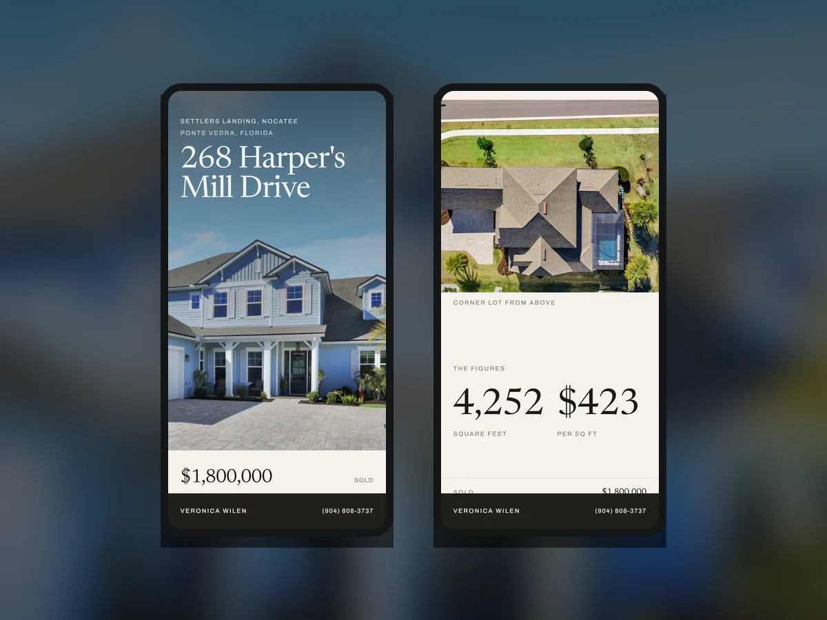 The 268 Harper’s Mill Drive guide on two phones: the address over a photo of the home, and the figures table listing sold price, original list, days on market, year built, lot, taxes and more.