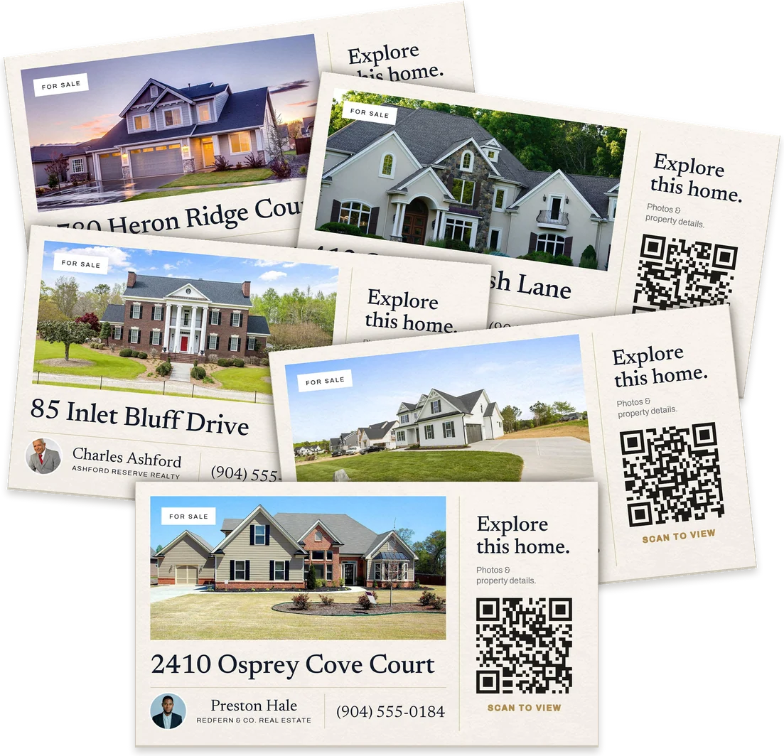 Five overlapping QR listing cards for different homes, with 2410 Osprey Cove Court in front.