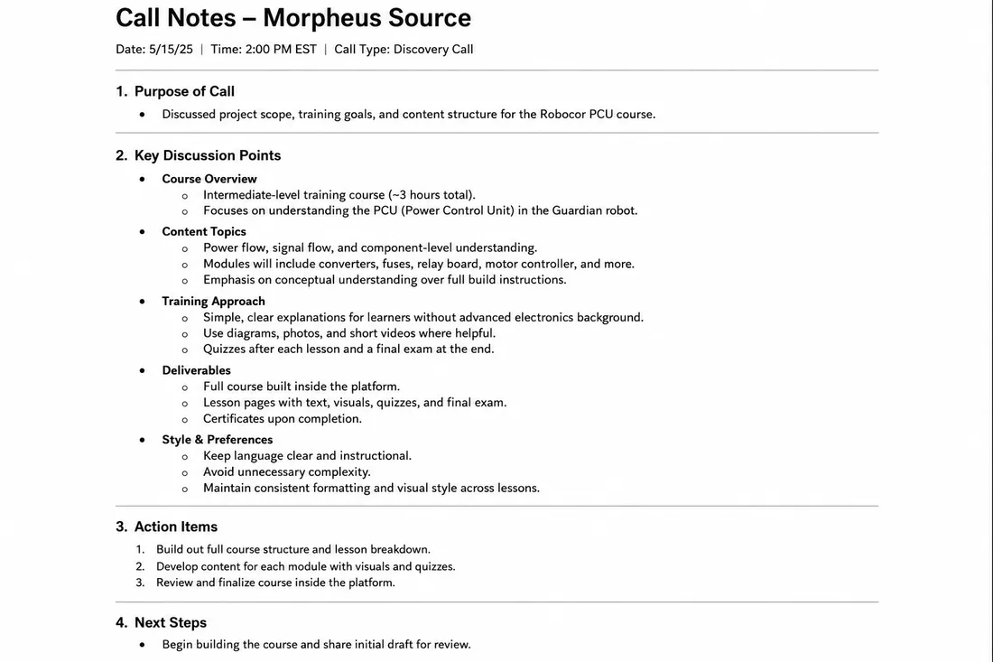 Call notes / project notes