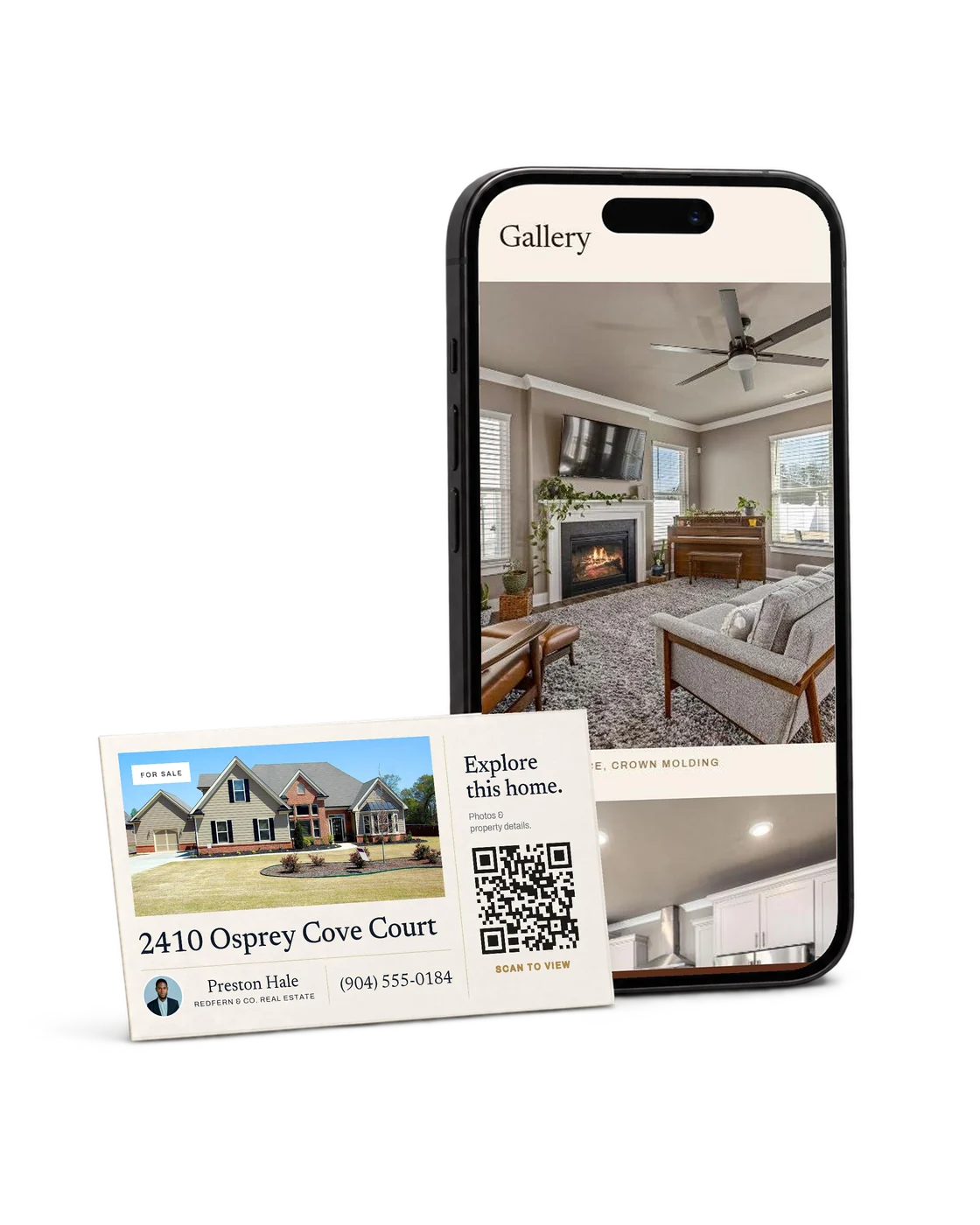 The printed card for 2410 Osprey Cove Court in front of a phone showing the listing page’s gallery.